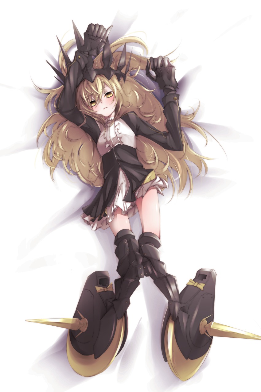 10s, 1girl, absurdres, armor, arms_up, black_legwear, black_rock_shooter, blonde_hair
