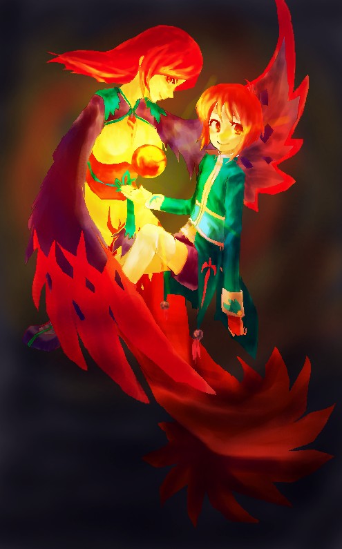 1boy, 1girl, breasts, dress, fenia, long_hair, mao_(tales), red_eyes