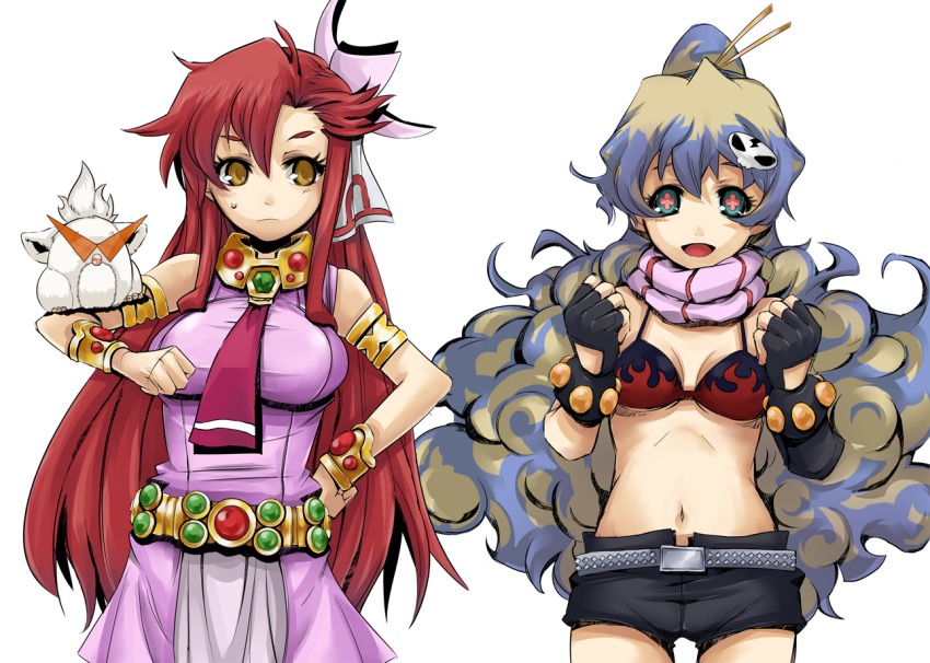 +_+, 2girls, alternate_hairstyle, armlet, asymmetrical_clothes, belt, bikini, bikini_top_only, blonde_hair, blue_eyes, blue_hair, bracelet, breasts, chopsticks, cleavage, cosplay, costume_switch, elbow_gloves, fingerless_gloves, flower, frown, furby, gloves, groin, hair_flower, hair_ornament, impossible_clothes, impossible_shirt, jewelry, kamina_shades, large_breasts, long_hair, midriff, multicolored_hair, multiple_girls, navel, necktie, nia_teppelin, ofuro_mantarou, open_mouth, ponytail, red_hair, scarf, shirt, short_shorts, shorts, simple_background, single_elbow_glove, skirt, skull, smile, studded_belt, sweatdrop, swimsuit, symbol-shaped_pupils, tengen_toppa_gurren_lagann, two-tone_hair, underboob, very_long_hair, yellow_eyes, yoko_littner