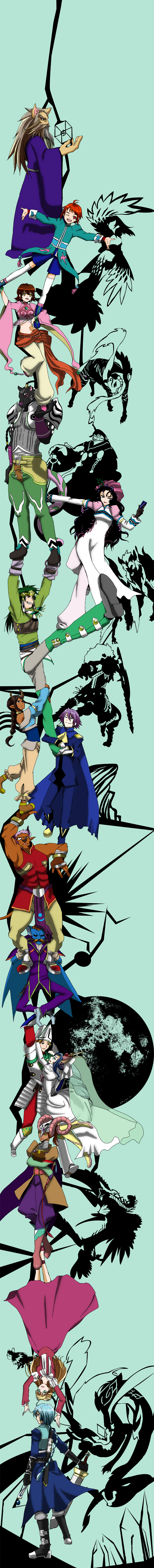5girls, 6+boys, absurdres, agarte_lindblum, annie_barrs, aqua_eyes, black_hair, blonde_hair, blue_eyes, blue_hair, boots, braid, brown_eyes, brown_hair, claire_bennett, dress, durarara!!, eugene_gallardo, fenia, gloves, green_hair, highres, hilda_rhambling, long_hair, long_image, looking_at_viewer, mao_(tales), milhaust_selkirk, militsa, multiple_boys, multiple_girls, one_eye_closed, orange_hair, parody, pink_hair, purple_hair, red_eyes, red_hair, saleh_(tales), short_hair, simple_background, single_braid, smile, sword, tales_of_(series), tales_of_rebirth, tall_image, tohma, trust_me_(durarara!!), tytree_crowe, veigue_lungberg, walto, weapon, wink, zilva_madigan
