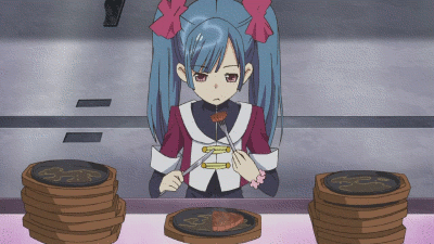 10s, akb0048, animated, animated_gif, blue_hair, cyborg, eating, food, lowres, solo, twintails, watanabe_mayu_(akb0048)