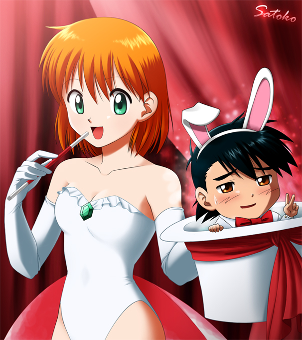 1boy, 1girl, :d, alternate_color, animal_ears, artist_name, ash_ketchum, bare_shoulders, black_hair, blush, bow, bowtie, breasts, character_name, child, cleavage, collarbone, cosplay, curtains, elbow_gloves, fake_animal_ears, gem, gen_1_pokemon, gloves, goldeen, goldeen_(cosplay), green_eyes, hat, holding, holding_unworn_clothes, holding_unworn_hat, jewelry, laura_jimenez, leotard, magician, misty_(pokemon), nintendo, open_mouth, orange_eyes, orange_hair, performance, pokemon, pokemon_(anime), pokemon_(classic_anime), pokemon_ep043, rabbit_ears, ribbon, shiny_skin, short_hair, show, small_breasts, smile, stage, strapless, sweat, sweatdrop, top_hat, unworn_hat, unworn_headwear, v, wand