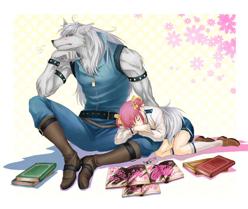 10s, 1boy, 1girl, belt, blue_eyes, blush, book, boots