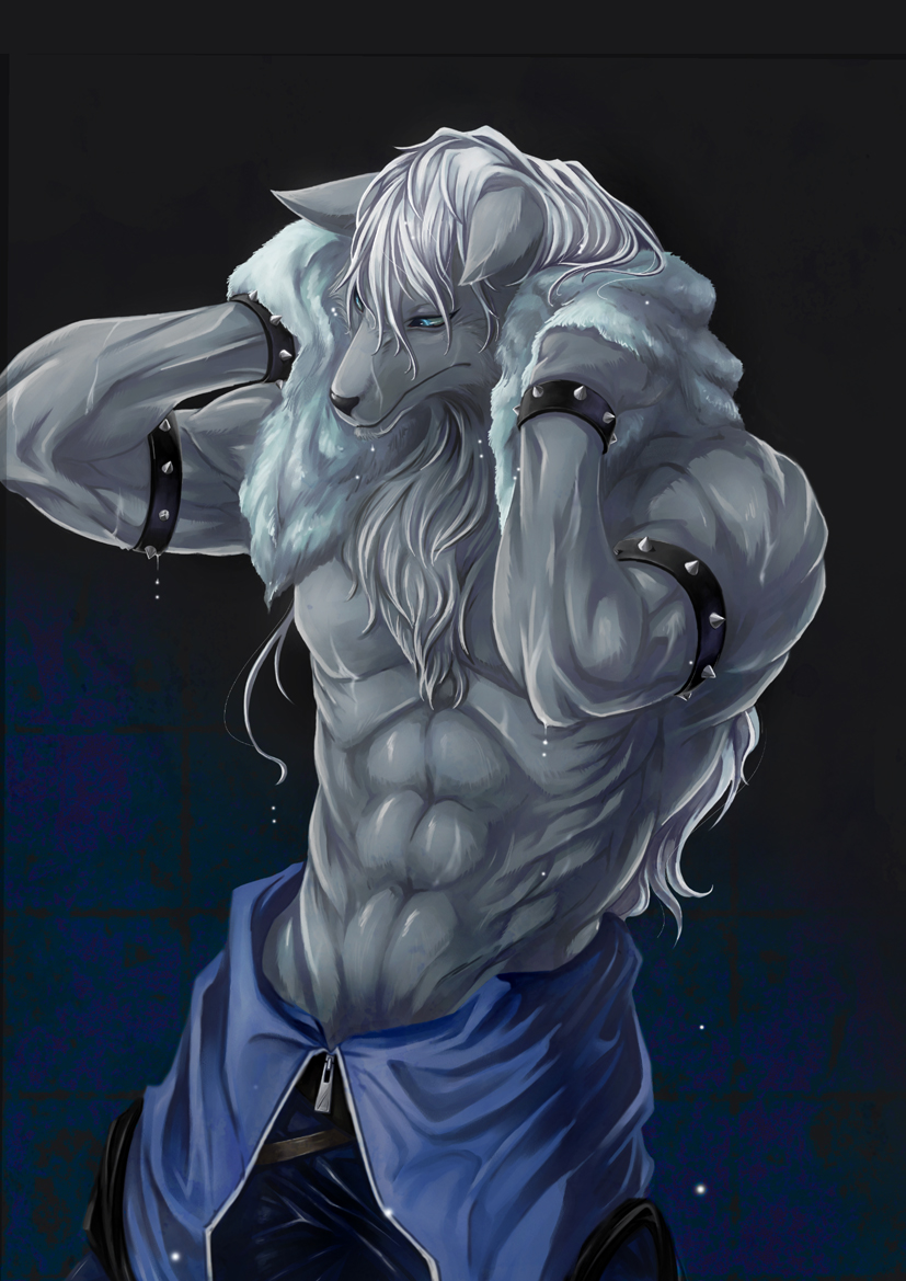 10s, 1boy, blue_eyes, canal001, furry, furry_male, long_hair, male_focus, muscular, pants, precure, topless_male, smile_precure!, solo, towel, werewolf, white_hair, wolfrun