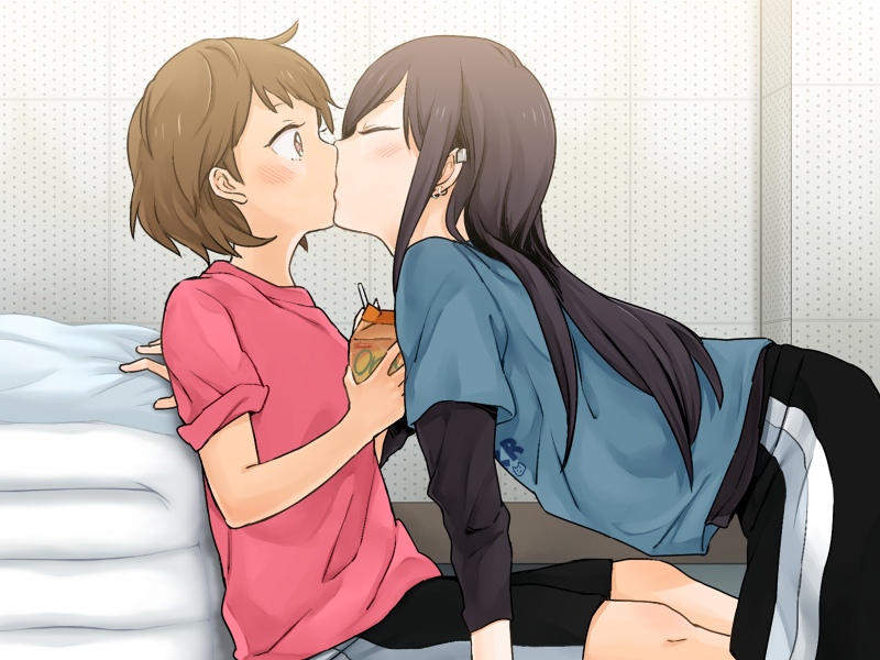2girls, black_hair, drink, drinking_straw, earrings, closed_eyes, female_focus, futano_sasa, game_cg, gym_uniform, ichiki_umi, jewelry, kiss, liar-soft, long_hair, multiple_girls, okujou_no_yurirei-san, piercing, shirt, shorts, sitting, surprised, t-shirt, tomboy, yuri