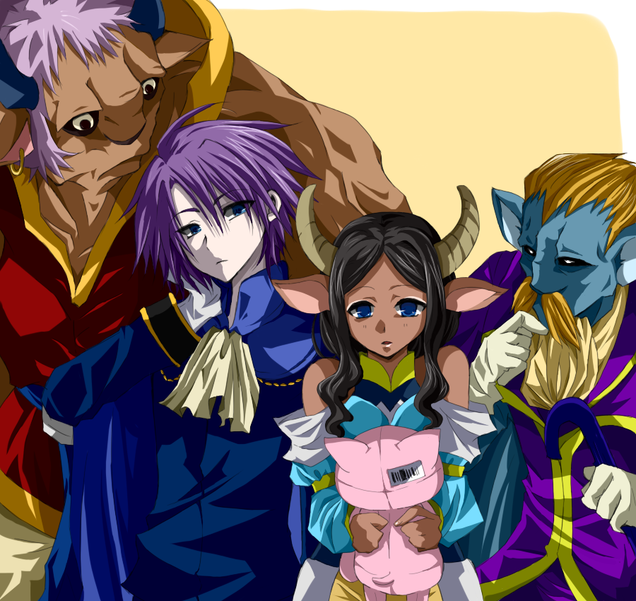 1girl, 3boys, animal_ears, bare_shoulders, beard, black_eyes, black_hair, blue_eyes