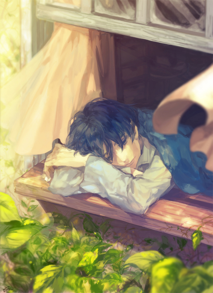 10s, 1boy, bad_id, bad_pixiv_id, black_hair, closed_eyes, crossed_arms, curtains, karigurashi_no_arrietty, leaf, short_hair, shou_(karigurashi_no_arrietty), sleeping, slice_of_life, studio_ghibli, tom@tog, window, windowsill