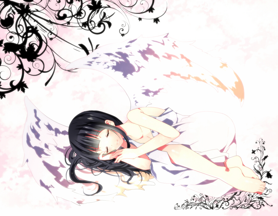 10s, 1girl, angel_wings, barefoot, black_hair, chitanda_eru, closed_eyes, dress, female_focus, hyouka, long_hair, lotton, sleeping, smile, solo, wings