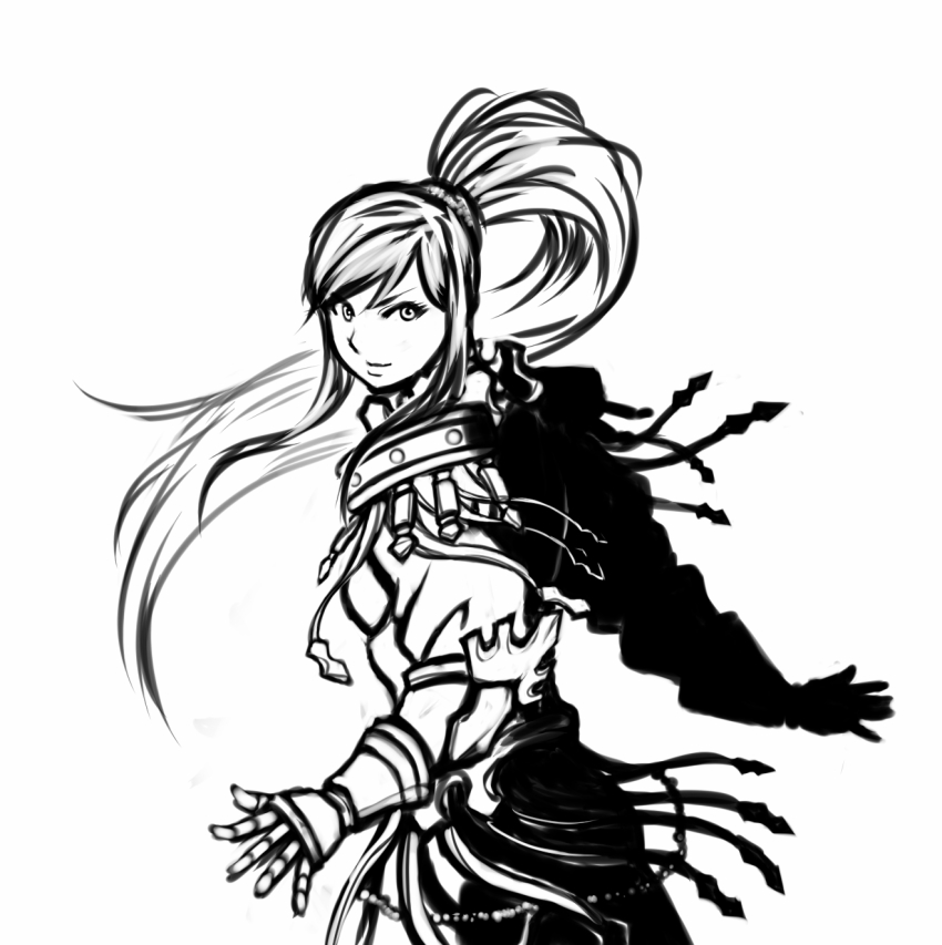1girl, armor, drawfag, female_focus, gauntlets, greyscale, highres, long_hair, monochrome, non-web_source, phiona, ponytail, solo, valkyrie_profile:_covenant_of_the_plume, valkyrie_profile_(series), very_long_hair