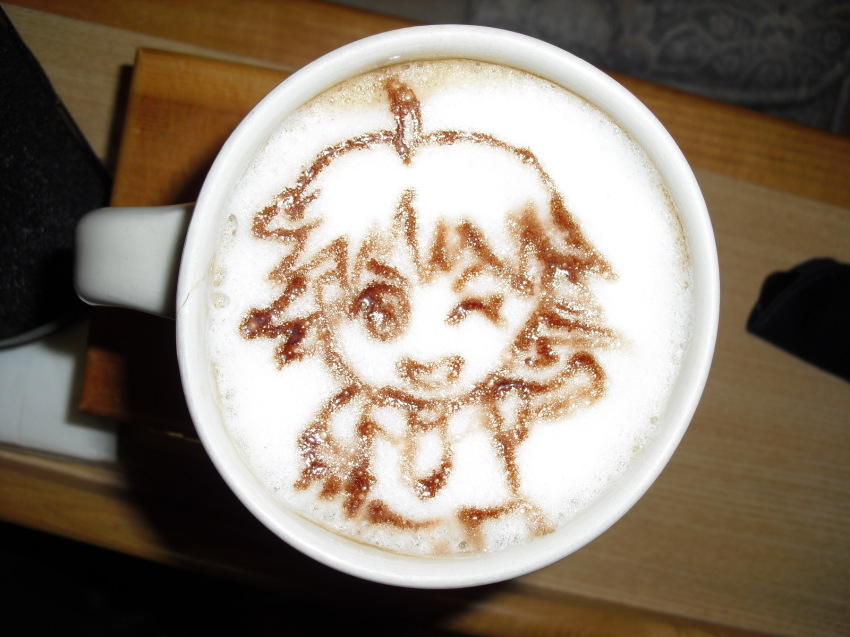 1girl, ;d, awakened_miki, cappuccino, capuccino, chibi, coffee, cup, food, food_art, food_art_(medium), highres, hoshii_miki, idolmaster, idolmaster_(classic), latte_art, latte_art_(medium), one_eye_closed, open_mouth, photo_(medium), ryanse, smile, unconventional_media, wink