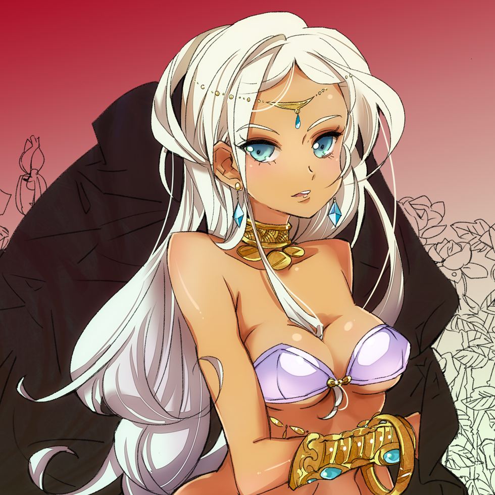 1girl, atlus, blue_eyes, bracelet, dancer, dancer_(sekaiju), dancer_4_(sekaiju), dark-skinned_female, dark_skin, earrings, etrian_odyssey, female_focus, jewelry, kiguchi_(aprico), long_hair, lots_of_jewelry, necklace, sekaiju_no_meikyuu, sekaiju_no_meikyuu_4, simple_background, solo, white_hair