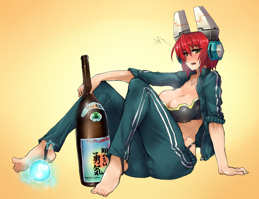1girl, alcohol, arm_support, barefoot, blush, breasts, cleavage, cosmic_break
