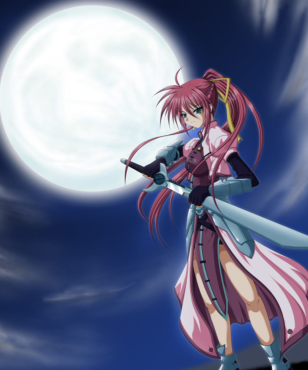 00s, highres, laevatein_(nanoha), lyrical_nanoha, mahou_shoujo_lyrical_nanoha, mahou_shoujo_lyrical_nanoha_a's, moon, scarlet_(infinity)