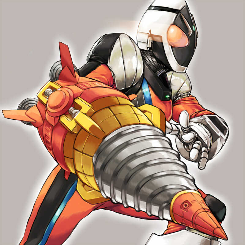 1boy, bodysuit, drill, go-gyan-sun, grey_background, helmet, kamen_rider, kamen_rider_fourze