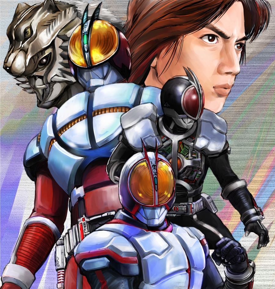 1boy, belt, brown_eyes, brown_hair, dual_persona, inui_takumi, kamen_rider, kamen_rider_555