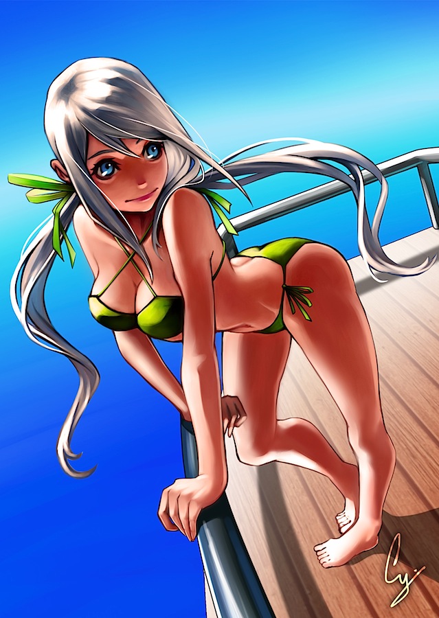 1girl, arm_support, barefoot, bikini, blue_eyes, boat, breasts, cleavage, criss-cross_halter, cy_(mercyguy), female_focus, green_bikini, halterneck, leaning_forward, long_hair, medium_breasts, on_boat, original, railing, ridth, side-tie_bikini_bottom, signature, silver_hair, solo, swimsuit, twintails, very_long_hair, watercraft