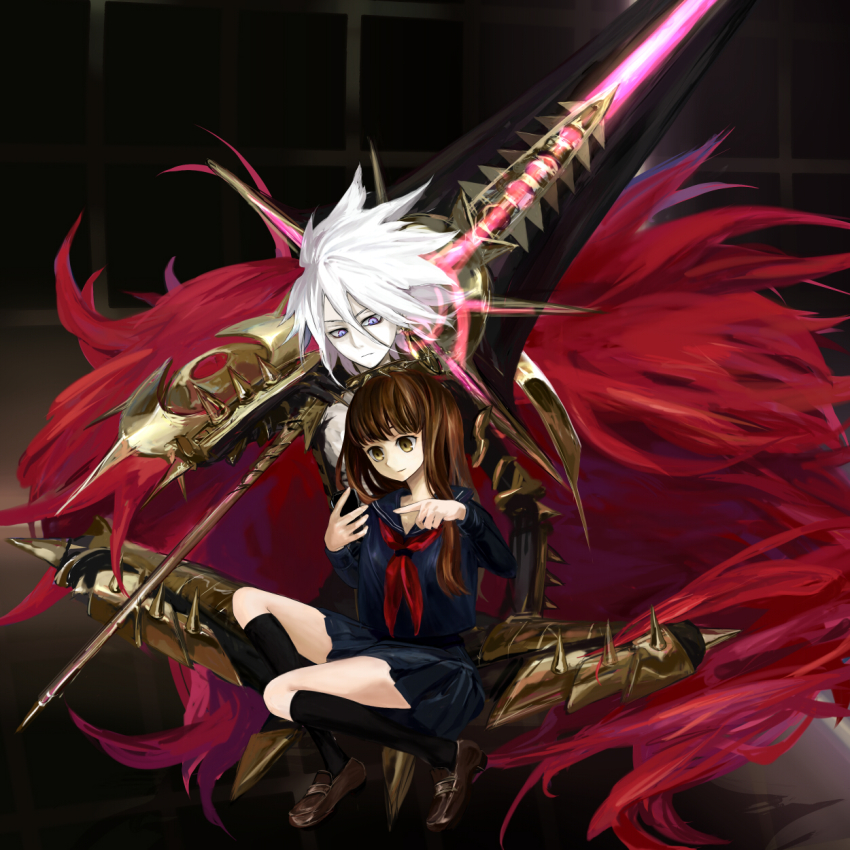 10s, 1boy, 1girl, armor, bishounen, cape, colored_skin, crossover, fate/apocrypha, fate/extra, fate/extra_ccc, fate_(series), highres, jannohjous, karna_(fate), karna_(fate/apocrypha), kishinami_hakuno_(female), lance, md5_mismatch, pale_skin, polearm, purple_eyes, red_scarf, resolution_mismatch, scarf, school_uniform, serafuku, source_larger, tsukumihara_academy_uniform_(fate/extra_ccc), weapon, white_hair, white_skin