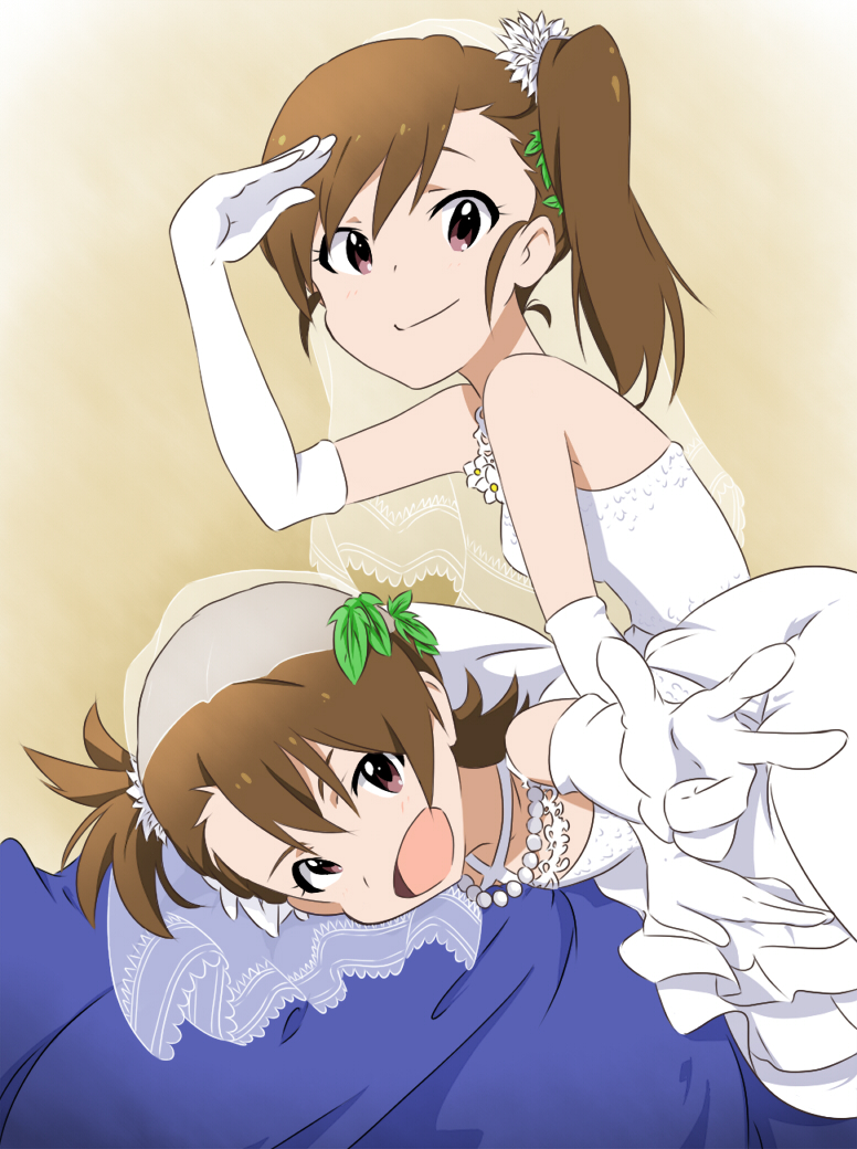 2girls, :d, brown_eyes, brown_hair, dress, elbow_gloves, futami_ami, futami_mami
