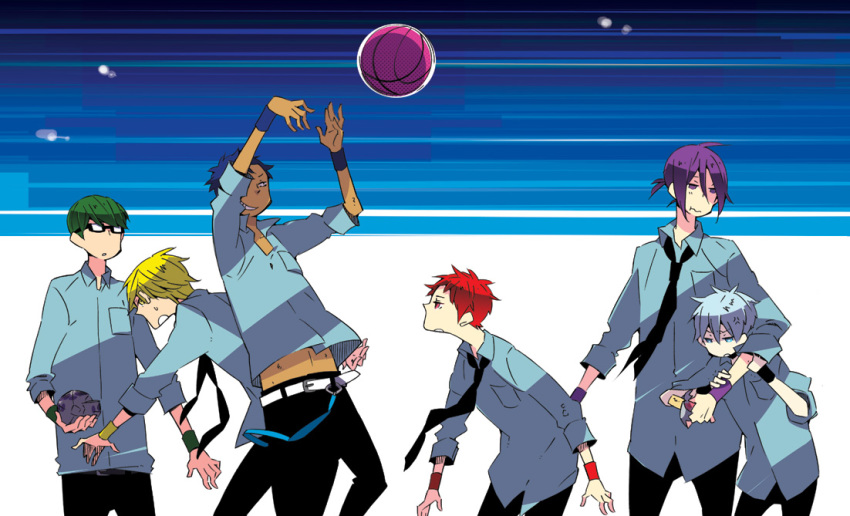 6+boys, akashi_seijuurou, aomine_daiki, ball, basketball, basketball_(object), belt, blonde_hair, blue_eyes, blue_hair, dark-skinned_male, dark_skin, food, glasses, green_hair, hug, kise_ryouta, kuroko_no_basuke, kuroko_tetsuya, male_focus, midorima_shintarou, multiple_boys, murasaki_(ma-nagarmr), murasakibara_atsushi, navel, necktie, open_mouth, purple_hair, red_hair, school_uniform, seashell, shell, short_hair, sky, smile, sweat, throwing, wristband, yellow_eyes