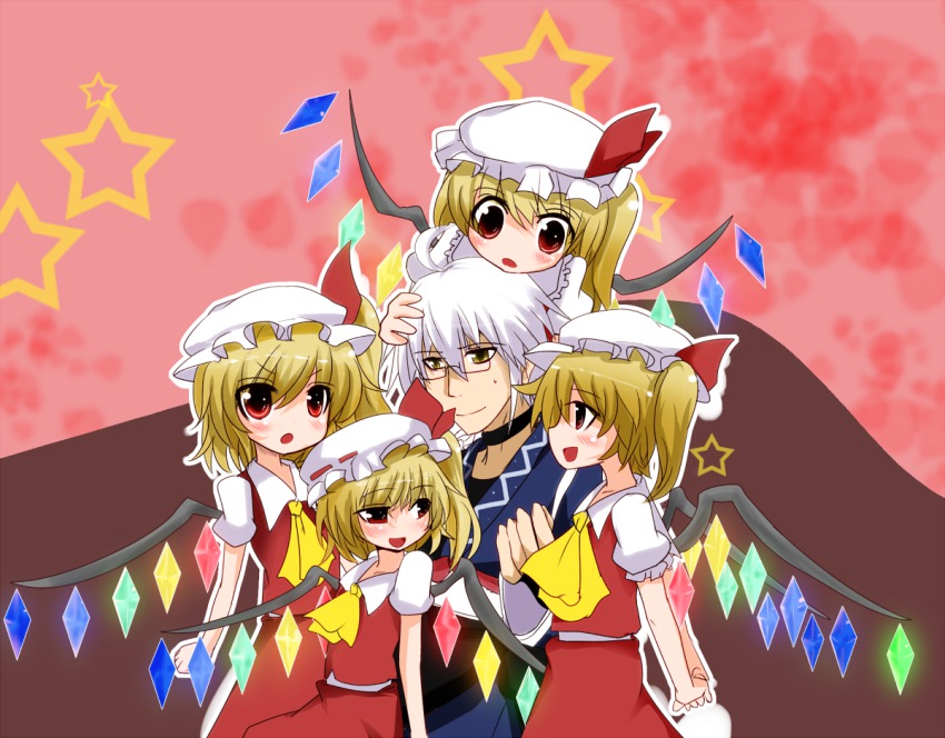 1boy, 1girl, ahoge, ascot, blonde_hair, blush, choker, clone, crystal, flandre_scarlet, glasses, hat, hetero, morichika_rinnosuke, open_mouth, red_eyes, shishamoji, short_hair, side_ponytail, silver_hair, smile, spell_card, star_(symbol), touhou, vampire, wings, yellow_eyes
