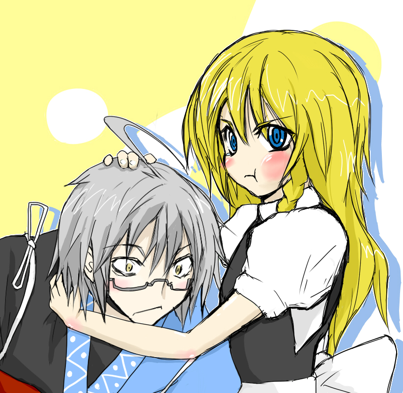 1boy, 1girl, :t, ahoge, blonde_hair, blue_eyes, blush, braid, choker, glasses, hetero, hug, kirisame_marisa, long_hair, morichika_rinnosuke, neji, pout, short_hair, silver_hair, touhou, witch, yellow_eyes