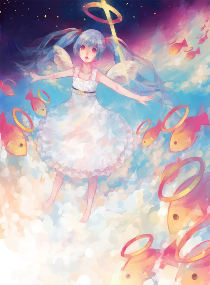 1girl, blue_hair, cloud, dress, female_focus, fish, halo, hatsune_miku