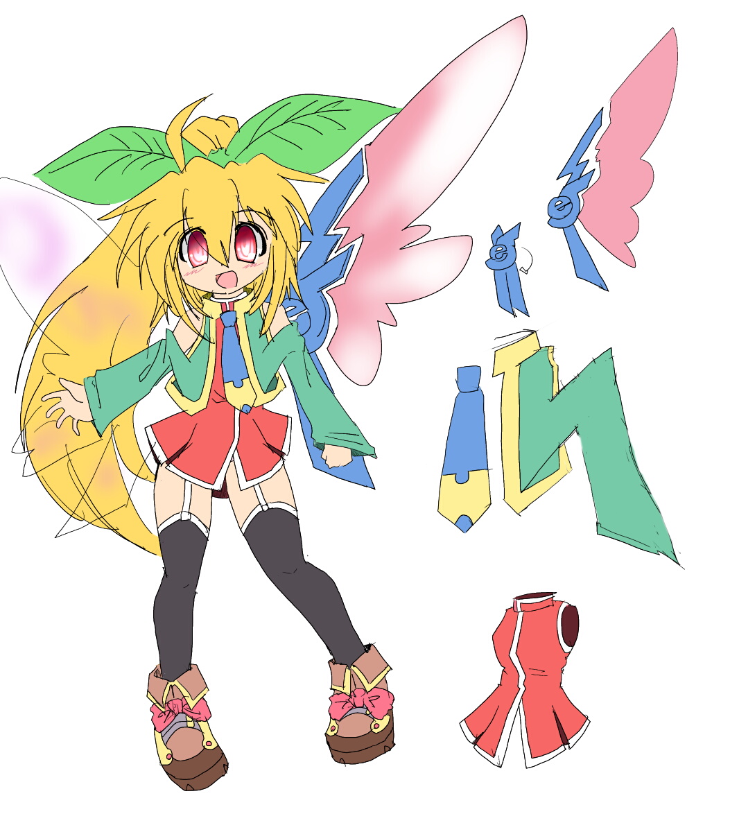 1girl, ahoge, bare_shoulders, black_thighhighs, blonde_hair, reference_sheet, detached_wings, dress, female_focus, garter_straps, hedora-aki, highres, leaf, leaf_on_head, long_hair, necktie, nijie, nijie-tan, object_on_head, open_mouth, original, red_eyes, solo, thighhighs, white_background, wings