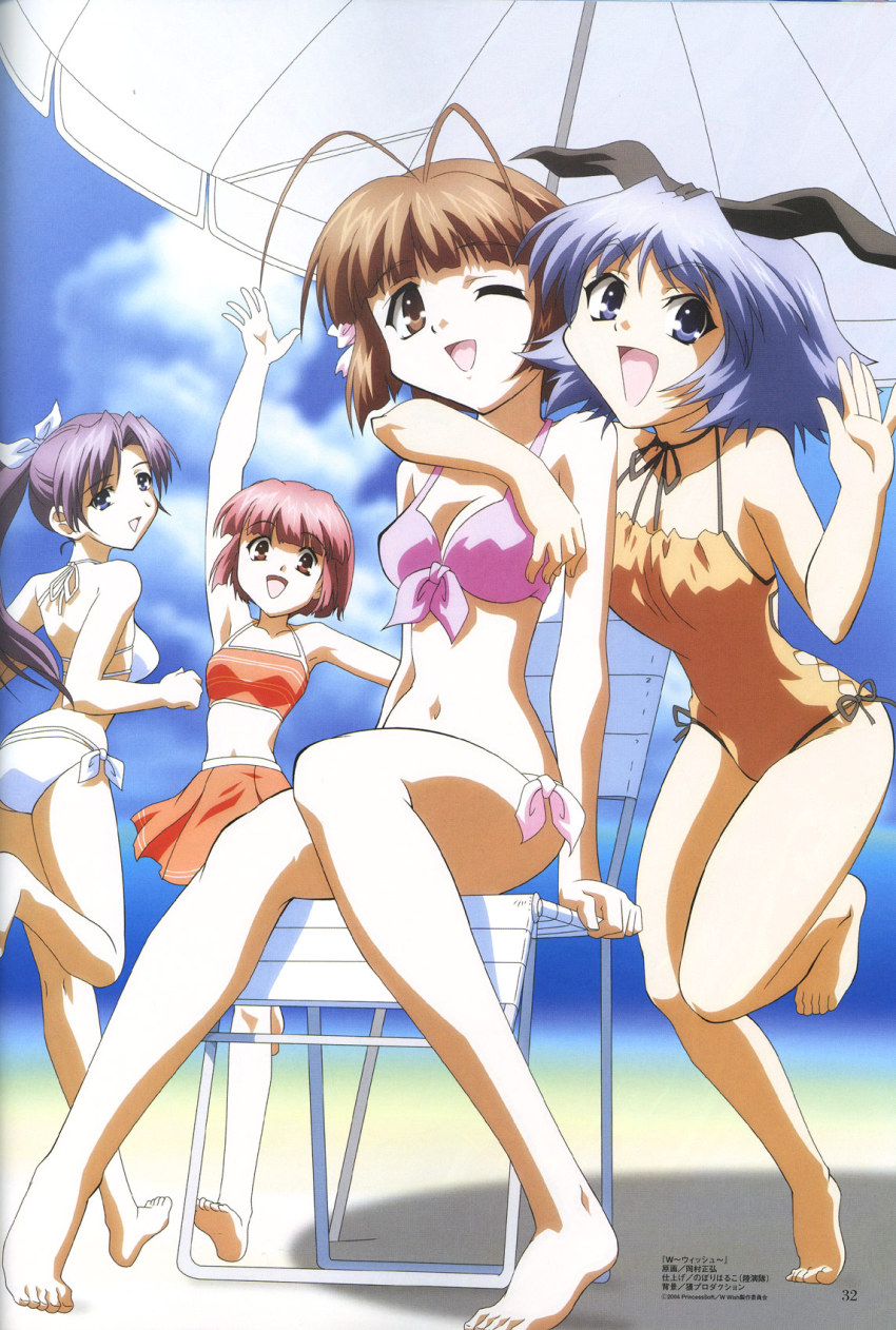 00s, 4girls, :d, antenna_hair, barefoot, beach, beach_umbrella, bikini