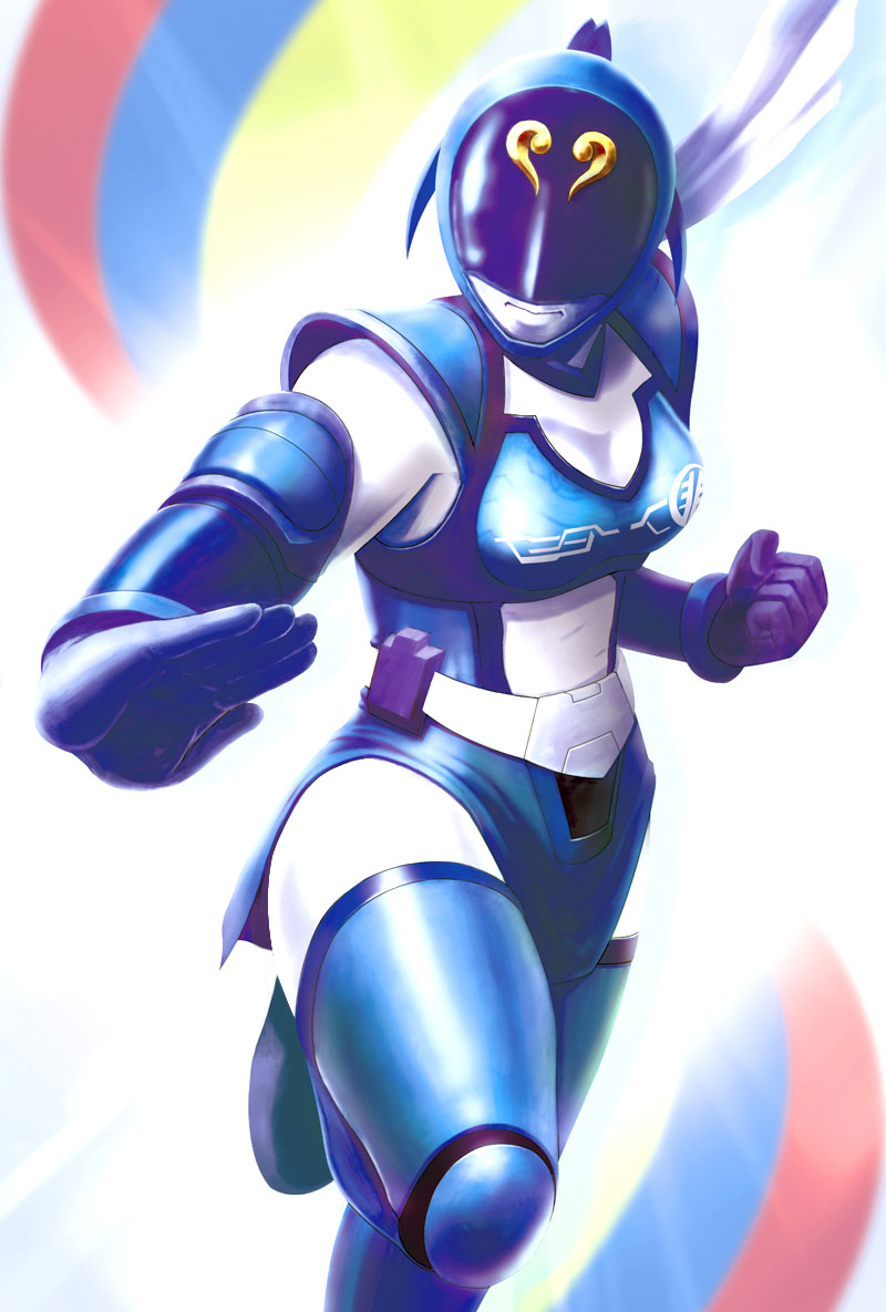 1girl, akiba_blue, armor, bad_id, bad_pixiv_id, bracer, breastplate, female_focus, fighting_stance, foreshortening, gradient_background, helmet, hikounin_sentai_akibaranger, hiro_(hibikigaro), scarf, solo, thighhighs, white_background