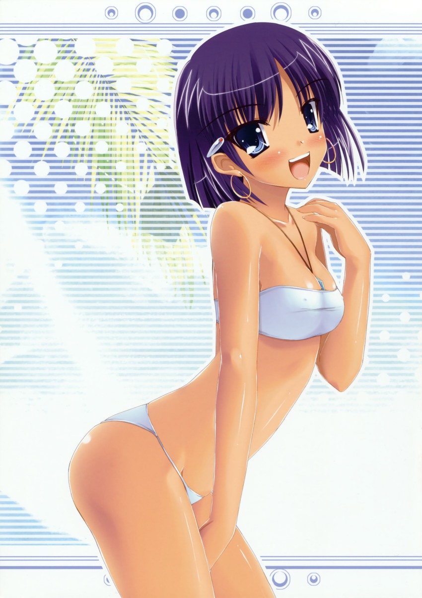 1990s_(style), 1girl, :d, absurdres, bandeau, between_breasts, bikini, blue_eyes