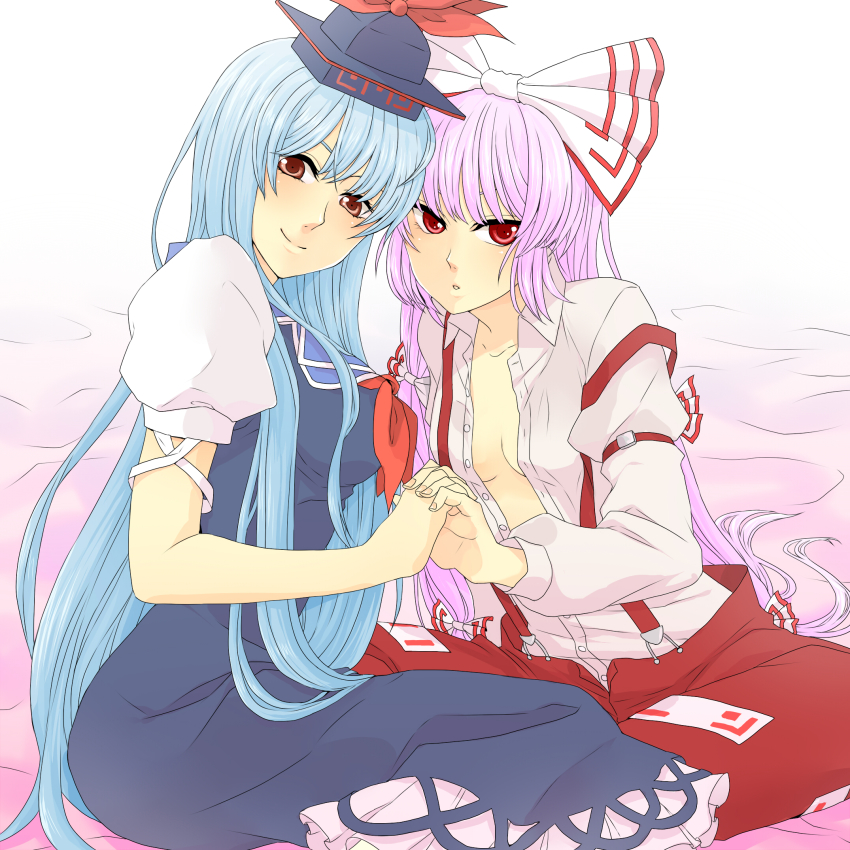 2girls, female_focus, fujiwara_no_mokou, holding_hands, highres, kamishirasawa_keine, koorijou, multiple_girls