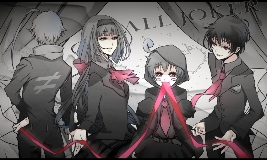 2boys, 2girls, ahoge, ajimu_najimi, formal_clothes, greyscale, highres, htts_hal, kumagawa_misogi, long_hair, medaka_box, monochrome, multiple_boys, multiple_girls, necktie, red_eyes, shiranui_hansode, shiranui_hanten, short_hair, skirt, suit, tagme