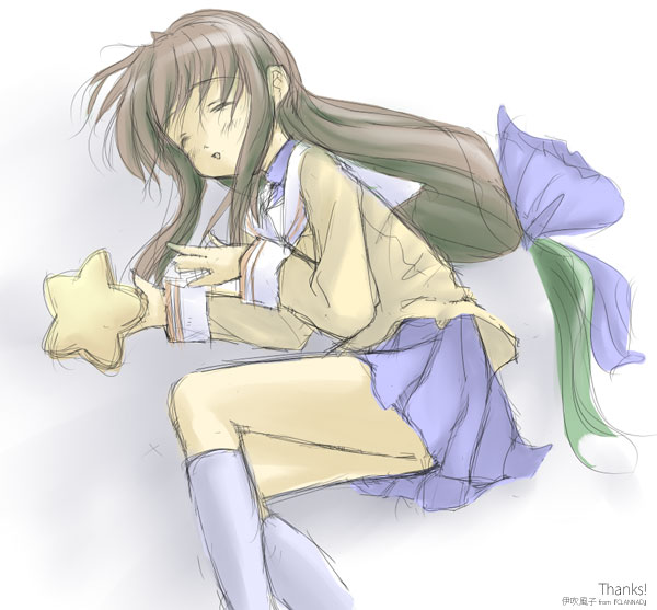 00s, 1girl, :o, ass, blue_skirt, blush, clannad, closed_eyes