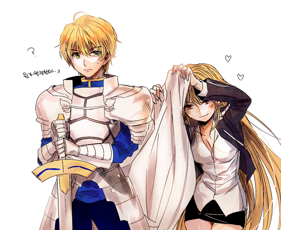 1boy, 1girl, adapted_costume, armor, arnoul, arthur_pendragon_(fate), bad_id, bad_pixiv_id