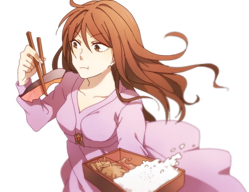 1girl, bento, brown_eyes, brown_hair, chopsticks, dress, eating, food