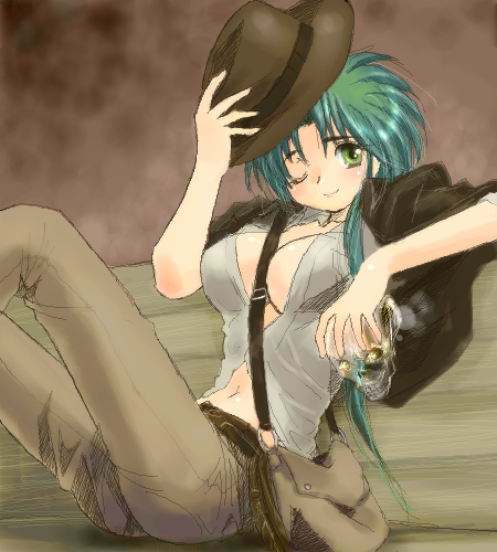 1girl, cosplay, female_focus, green_hair, hat, indiana_jones, indiana_jones_(cosplay), indiana_jones_(series)
