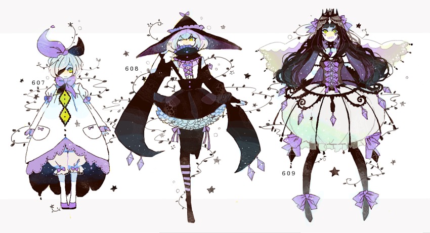 10s, 3girls, black_hair, chandelure, dress, evolutionary_line, gen_5_pokemon, hair_ribbon, hat, lampent, litwick, long_hair, mam233, multiple_girls, nintendo, pantyhose, personification, pokemon, pokemon_black_and_white, ribbon, short_hair, smile, thighhighs, white_hair, yellow_eyes