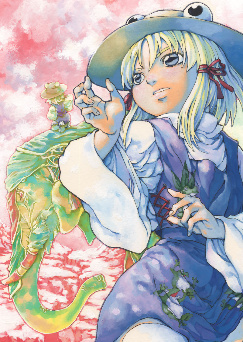 1girl, blonde_hair, blue_eyes, cover, cover_page, elephant, female_focus, frog