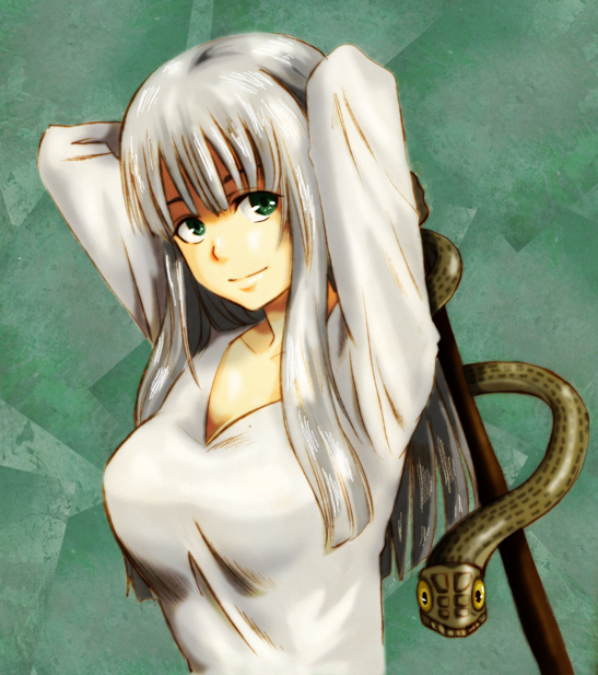 1girl, arms_behind_head, blunt_bangs, bokken, chachamaru-f, female_focus, green_background, green_eyes, hakudou_yayoi, hoshi_no_samidare, long_hair, looking_at_viewer, shea_moon, silver_hair, smile, snake, solo, sword, weapon, wooden_sword