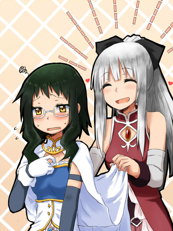 10s, blunt_bangs, blush, closed_eyes, cosplay, embarrassed, glasses, green_hair