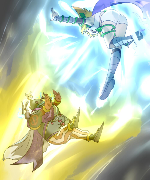 +_+, 1boy, 1girl, :o, armpits, ass, aura, bald, bandages, battle, beads, blonde_hair, boots, bracelet, branch, cape, colored_skin, crack, crop_top, dutch_angle, elbow_gloves, electricity, energy, eye_contact, fluora, from_below, gem, gloves, glowing, gradient_hair, green_skin, jewelry, kid_icarus, kid_icarus_uprising, knee_boots, leg_lift, lips, looking_at_another, midriff, multicolored_hair, necklace, nintendo, open_mouth, orange_hair, outstretched_arms, pants, phosphora, plant, plump, pointy_ears, pointy_shoes, profile, red_skin, ring, sandals, scarf, shoes, short_shorts, shorts, skull, spiked_hair, striped_clothes, striped_pants, symbol-shaped_pupils, tattoo, thanatos_(kid_icarus), thanatos_(persona), topless_female, vines