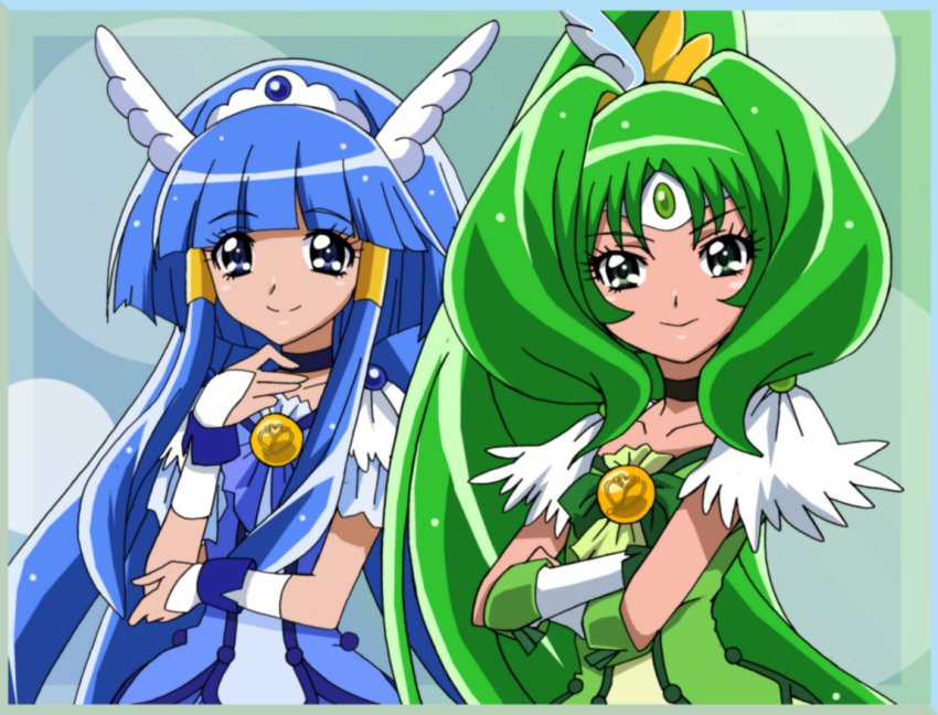 10s, 2girls, aoki_reika, bad_id, bad_pixiv_id, blue_eyes, blue_hair, bow