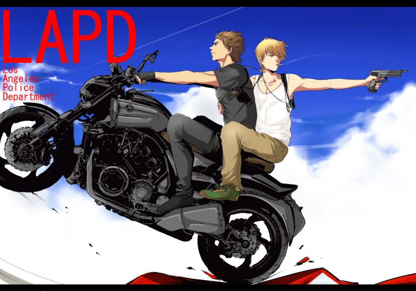 2boys, bad_id, bad_pixiv_id, beretta_92, blonde_hair, brown_eyes, brown_hair, casual