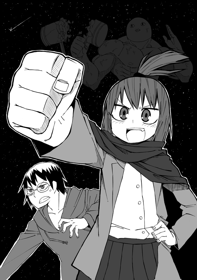 1boy, 1girl, amamiya_yuuhi, asahina_samidare, bad_id, bad_pixiv_id, fang, foreshortening