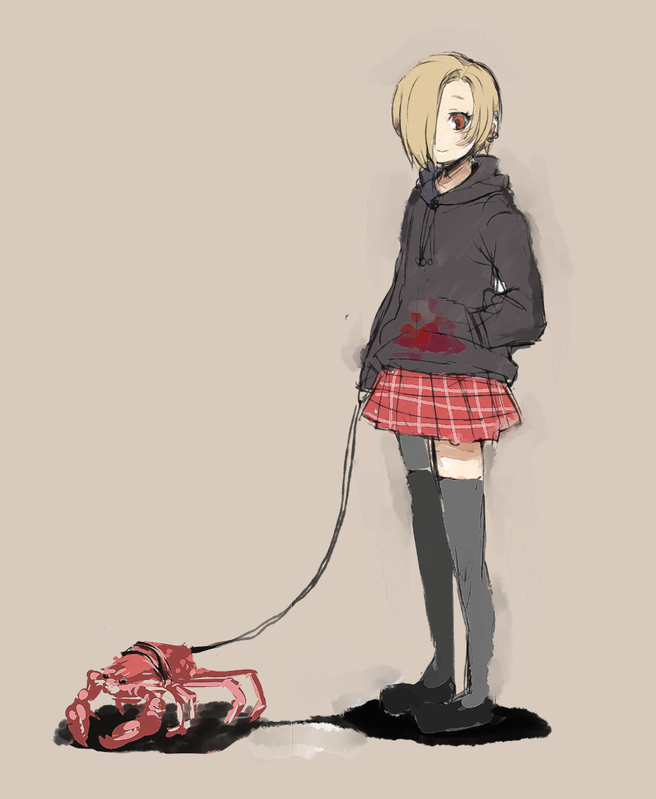 10s, 1girl, blood, blood_on_clothes, blood_splatter, brown_hair, crab, earrings