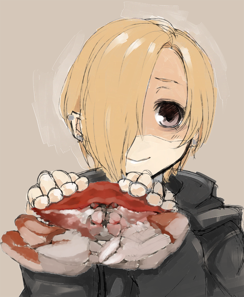 10s, 1girl, animal, blonde_hair, brown_eyes, crab, earrings, female_focus