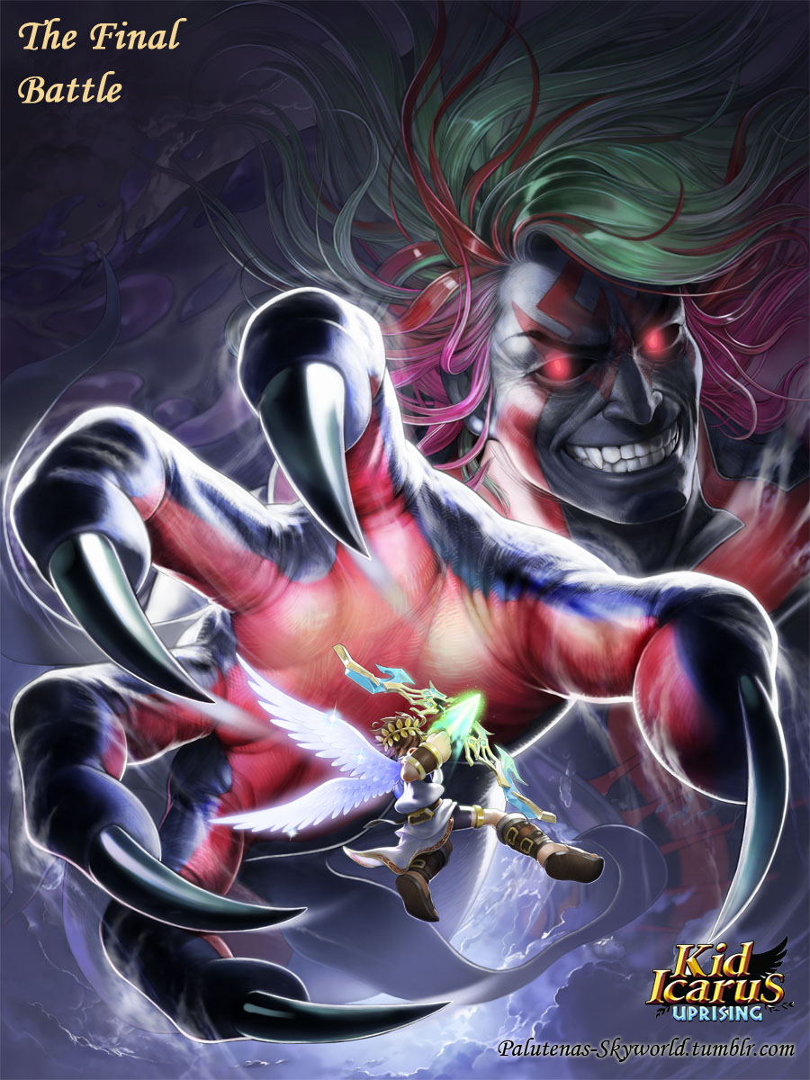 2boys, angel, angel_wings, black_sclera, bow, brown_hair, colored_sclera, colored_skin, epic, evil_grin, evil_smile, fangs, fingernails, glowing, glowing_eyes, green_hair, grin, hades_(kid_icarus), highres, kid_icarus, kid_icarus_uprising, laurel_wreath, long_fingernails, looking_at_another, multicolored_hair, multiple_boys, nintendo, pit_(kid_icarus), purple_hair, purple_skin, reaching, red_eyes, red_hair, sandals, short_hair, smile, tattoo, tunic, wings