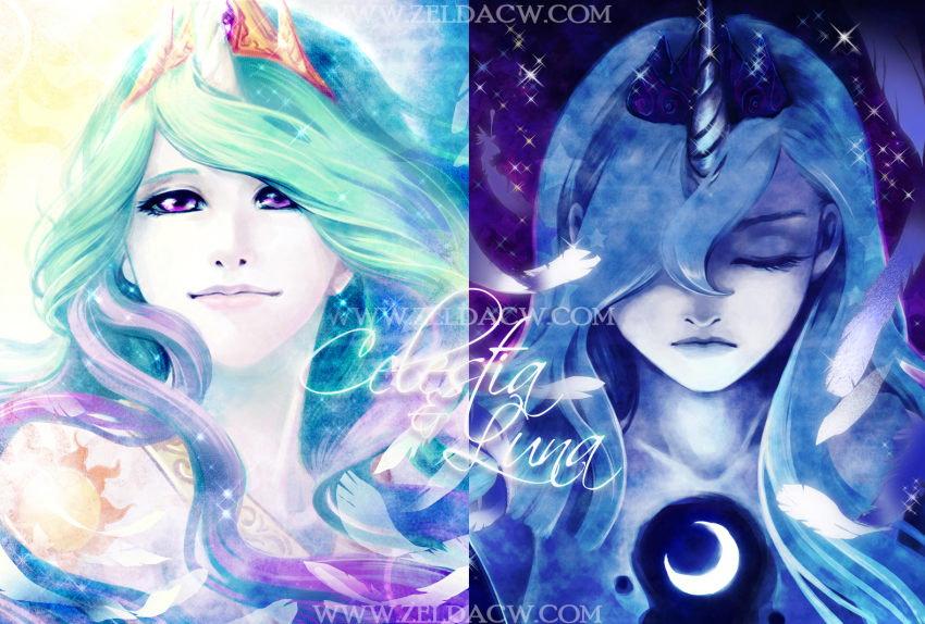 2girls, aqua_hair, blue_hair, princess_celestia, character_name, closed_eyes, colored_skin, crown, horns, long_hair, princess_luna, multiple_girls, my_little_pony, my_little_pony:_friendship_is_magic, personification, portrait, purple_eyes, realistic, shoulder_tattoo, siblings, single_horn, sisters, tattoo, watermark, web_address, white_skin, zelda_c_wang, zelda_wang