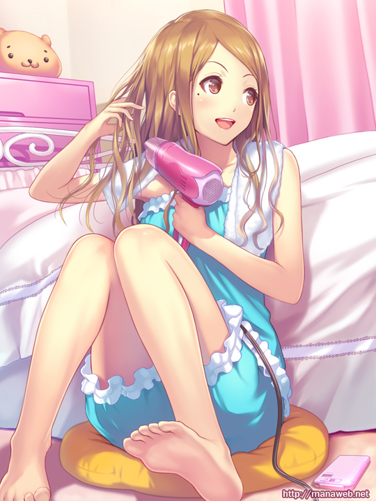 1girl, :d, barefoot, bed, blush, brown_eyes, brown_hair, cellphone, chest_of_drawers, drying, drying_hair, drying_own_hair, feet, female_focus, hair_dryer, holding, ilog, long_hair, looking_away, mana_kakkowarai, mole, mole_under_eye, nagata_ikue, on_floor, open_mouth, pajamas, phone, pillow, sitting, smile, soles, solo, swept_bangs, toes, towel, towel_around_neck