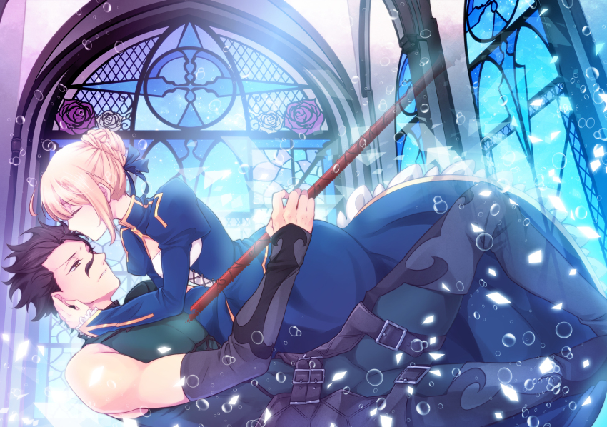 1boy, 1girl, artoria_pendragon_(fate), belt, black_hair, blonde_hair, couple, diarmuid_ua_duibhne_(fate)